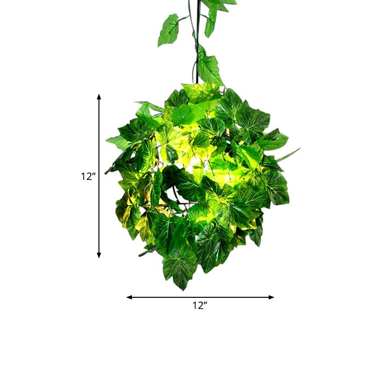 Black Single-Bulb Hanging Light Loft Iron Spherical Ceiling Pendant with Orange/Green/Light Green Art Vine