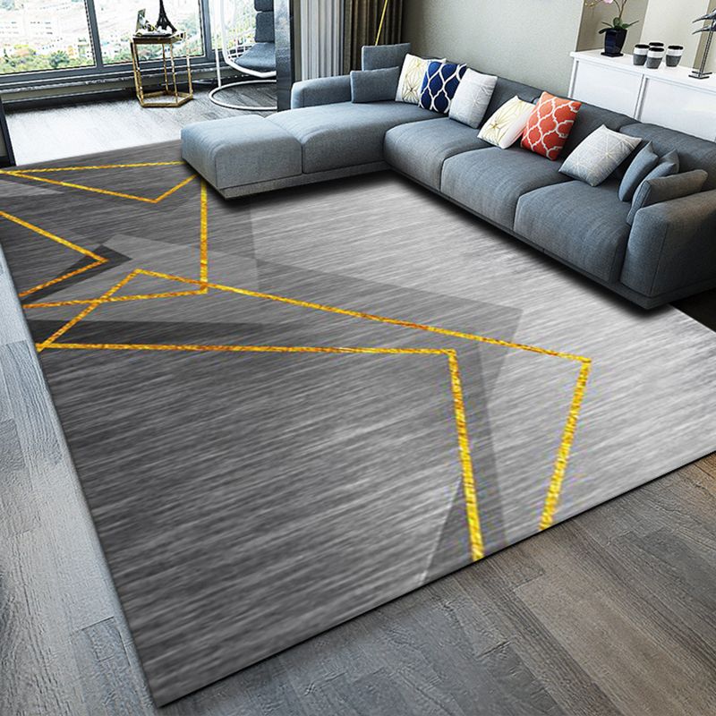 Grey Tone Simplicity Rug Polyester Geometry Print Carpet Stain Resistant Area Rug for Living Room