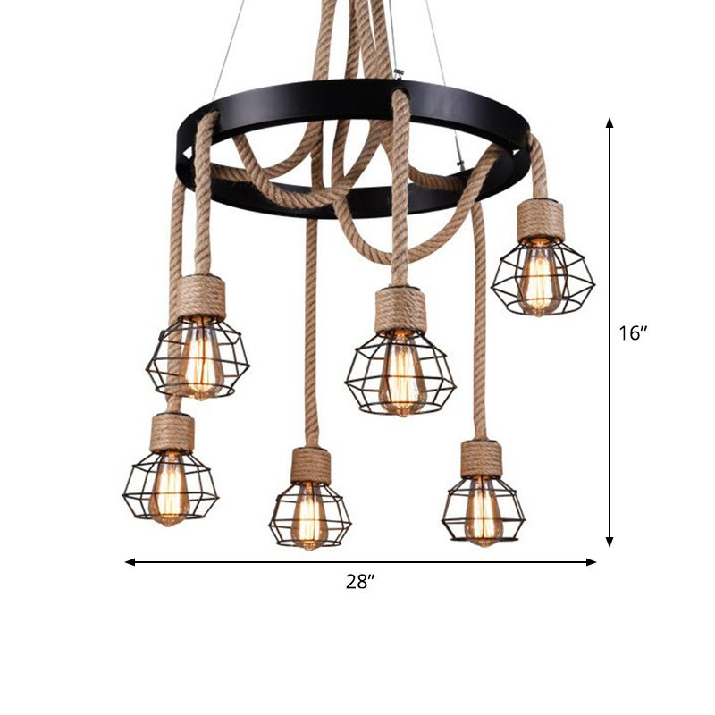 Caged Sitting Room Chandelier Rural Hemp Rope Brown 6 Lights Circular Suspension Pendant