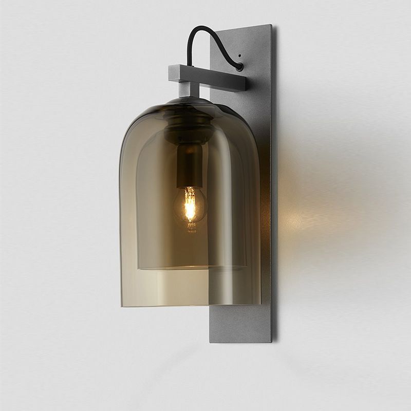 1 Bulb Living Room Sconce Fixture Mid-Century Black Wall Light with Dual Dome Glass Shade