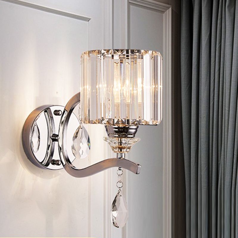 Cilinder Wandlicht SCONCE Modern kristalblok 1 licht Slaapkamer Wandgemonteerd licht in Chrome