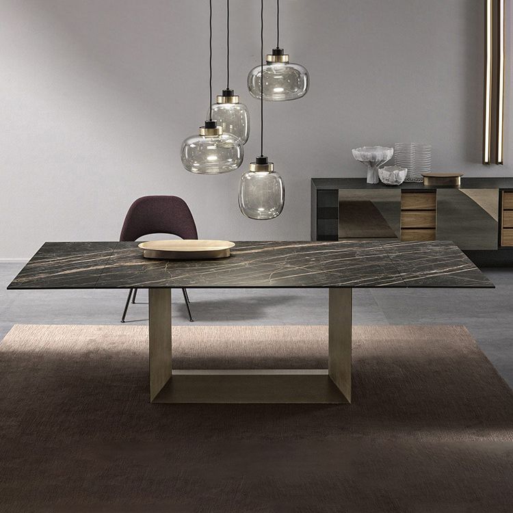 Sintered Stone Top Dining Table Industrial Kitchen Table with Black Metal Pedestal