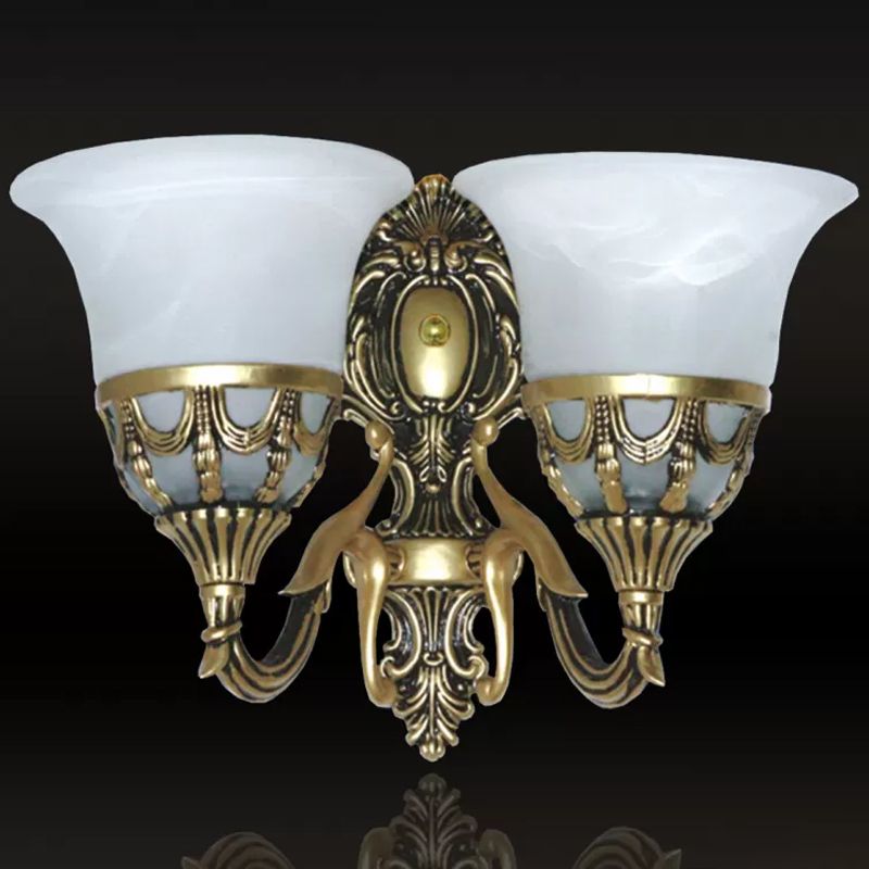 2-Light Wall Light Fixture Traditional Corridor Wall Sconce with Bell Alabaster Glass Shade in Bronze