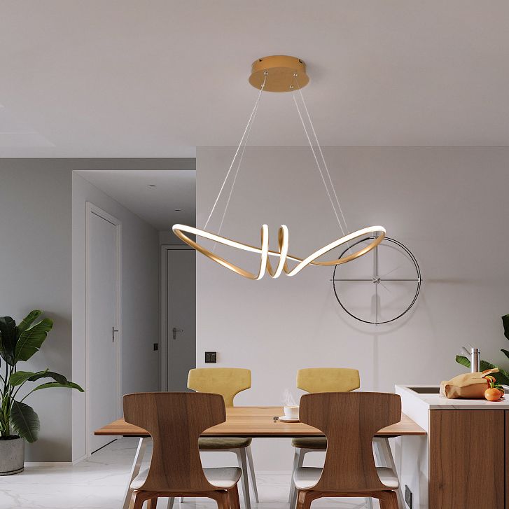 Minimalist Line Art Chandelier Metal Dining Room LED Hanging Pendant Light in Gold