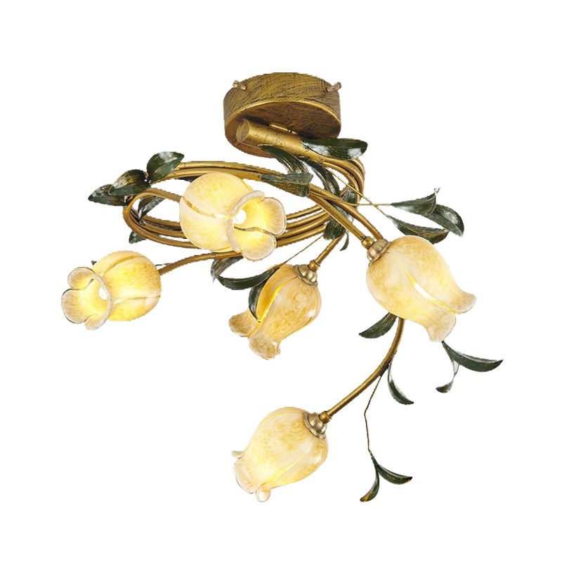 Salle à manger Tulip Semi Flush Style pastoral Metal 5 Bulbes en laiton LED près du plafond lampe