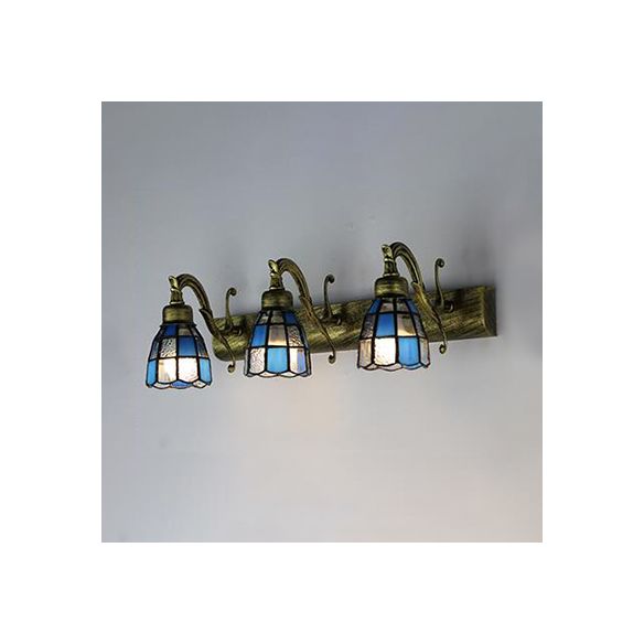Stained Glass Dome Wall Lighting with Square/Blue Square Pattern and Linear Backplate Vintage Retro 3 Lights Sconce Lighting in Copper/Antique Brass/Brass