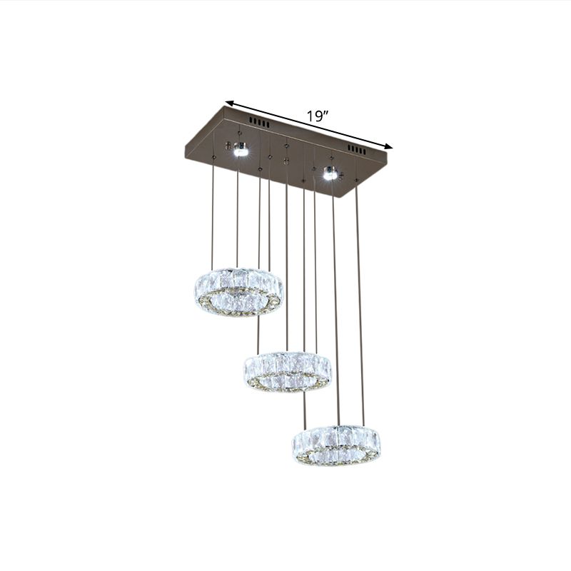 Contemporary 3-Ring Swag Pendant Light Clear Crystals LED Hanging Lamp Kit in Stainless-Steel