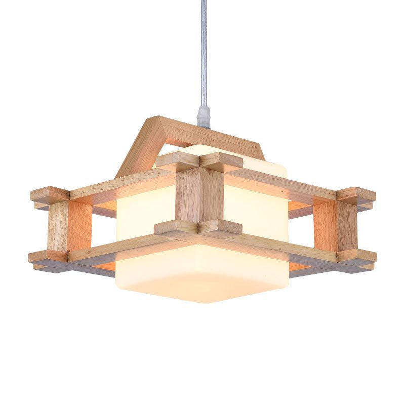 Contemporary Cube Suspension Light with Wood Guard Glass 1 Light Beige Pendant Light for Bedroom