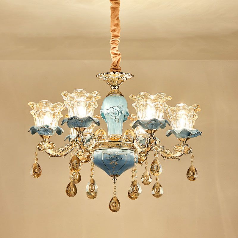 Floral Blown Clear Glass Chandelier Lamp Minimalist Gold Suspension Pendant Light for Living Room