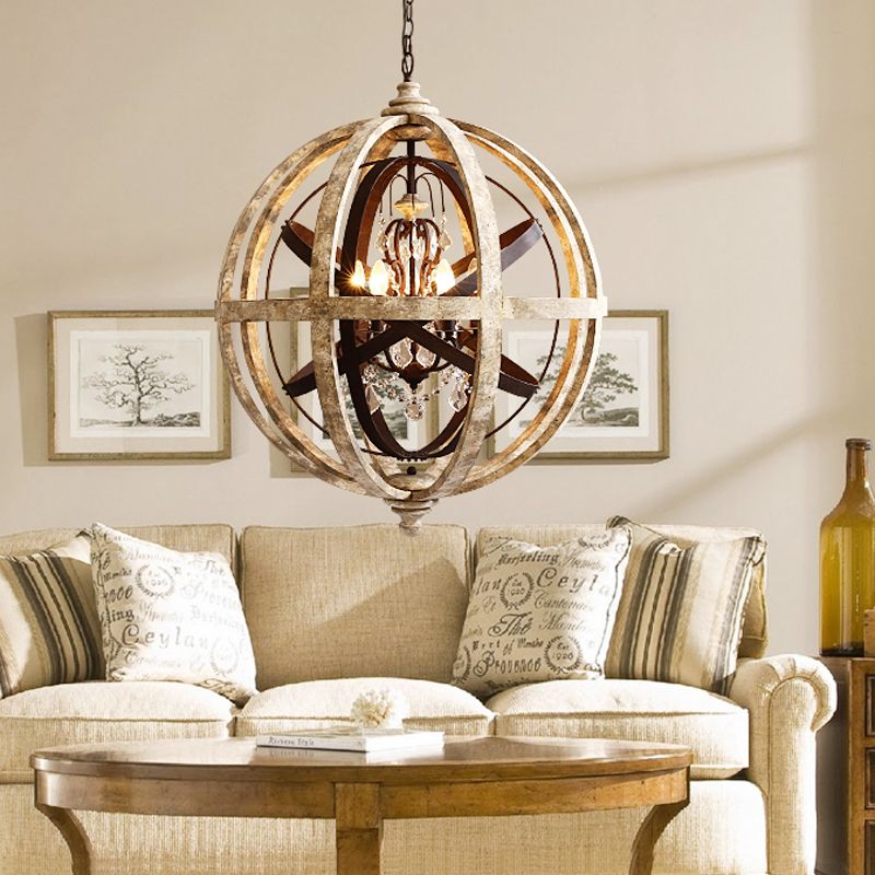 Retro 5 cabezas Lámpara de lámpara de lámpara de lámpara de techo cortada con láser luz con sombra de madera para sala de estar