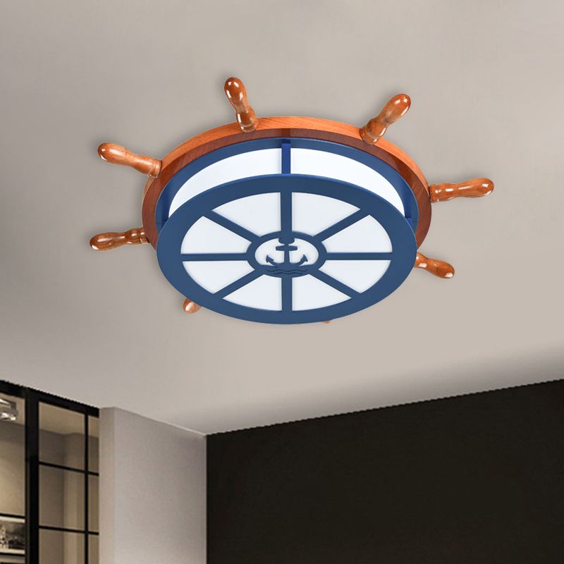 Rudder Flush Mount Lamp Kids Wooden LED Blue Ceiling Light Fixture for Boys Bedroom