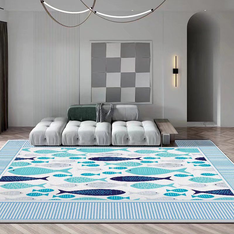 Light Blue Pattern Rug Modern Polyester Area Rug Stain Resistant Rug for Living Room