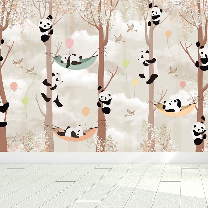 Whole Cartoon Mural Wallpaper Brown Panda Climbing Wall Decor, Personalized Size