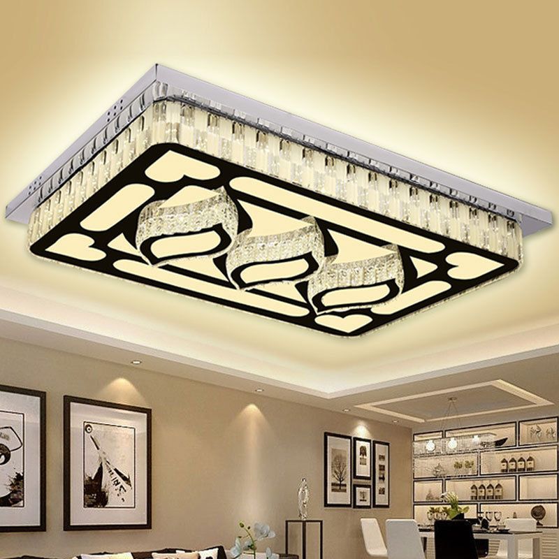 Stainless Steel Rectangle Flush Lamp Contemporary Crystal Flush Mount LED Light for Living Room