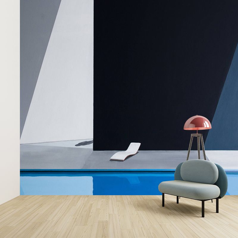 Illustration Pool and Chair Mural Decal for Living Room, Black-Blue, Customized Size