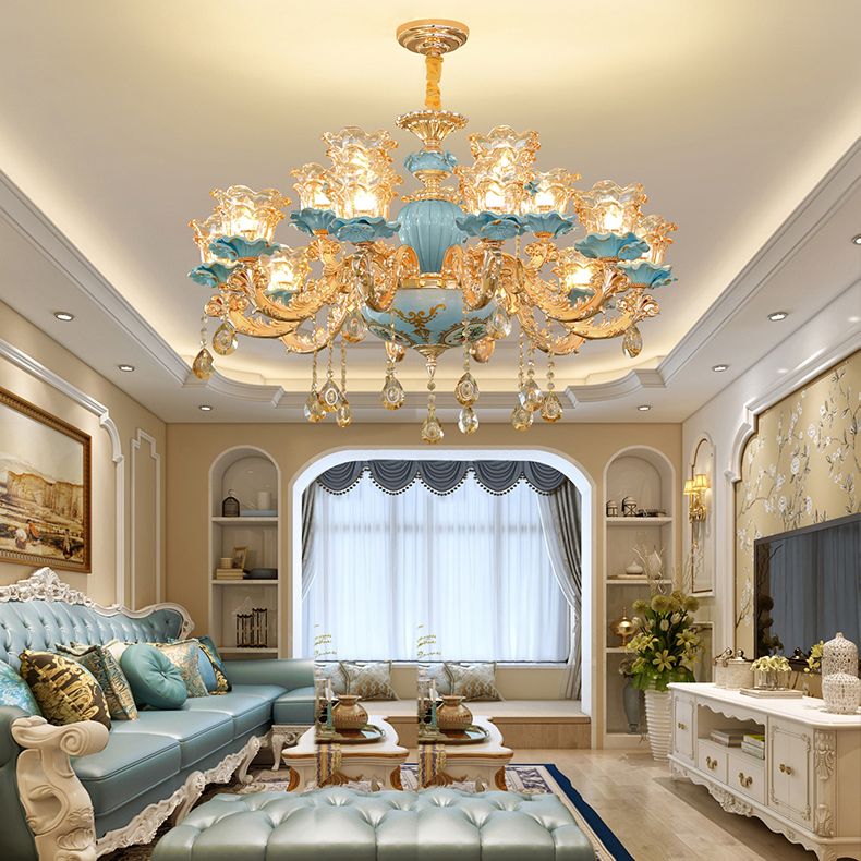 European Style Chandelier Metal Flower Shape Hanging Light with Crystal for Bedroom