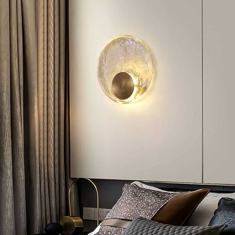 Solid Brass and Crystal Wall Sconce Contemporary Round Wall Light in Gold & Clear