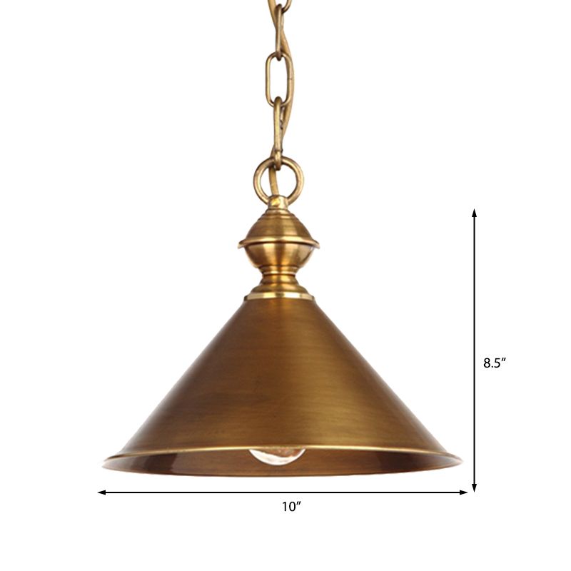 Metallic Brass/Gold Finish Pendant Lighting Conical Shade 7"/8.5" Dia 1 Light Vintage Suspension Light
