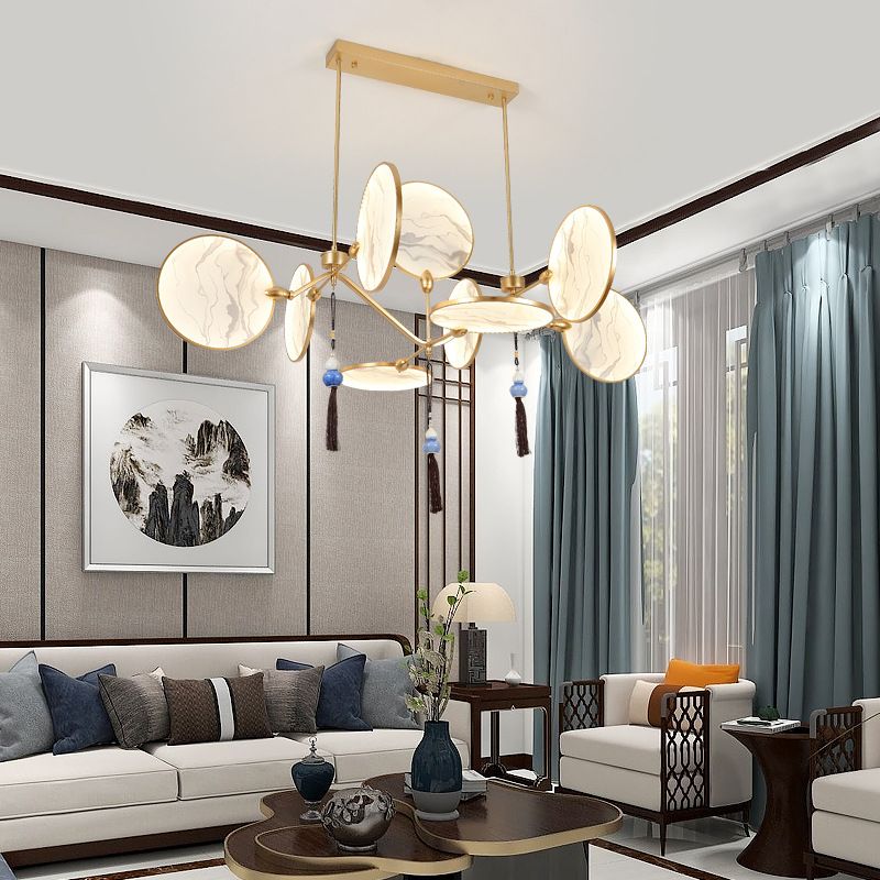 Circular Fan Shaped Island Lamp Modern Acrylic LED Tearoom Suspension Light with Landscape Print