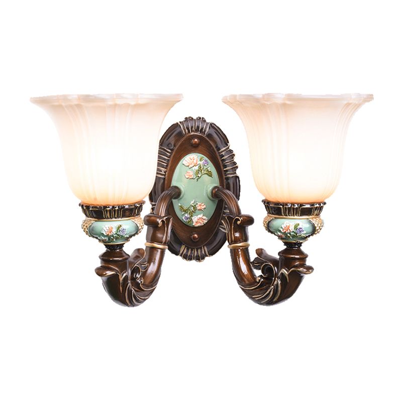 Frosted Glass Brown Wall Light Ridged Bell 1/2-Bulb Rural Wall Sconce Lighting for Guest Room
