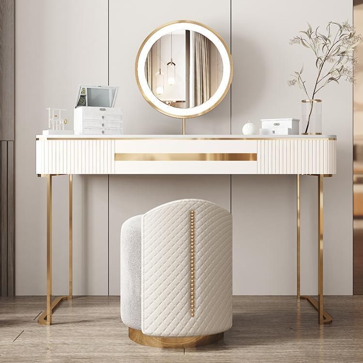 Metal Makeup Dressing Table Luxurious Stone Top Vanity Stool Set