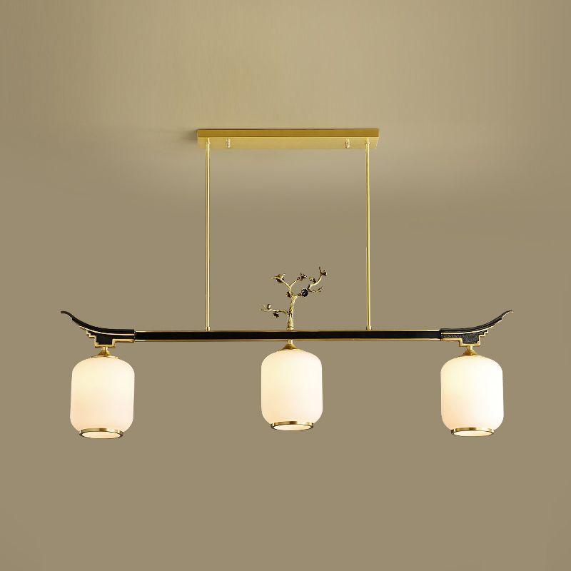 Modern Style Cylindrical Shape Island Lights White Glass 3-light Pendant Lights in Gold