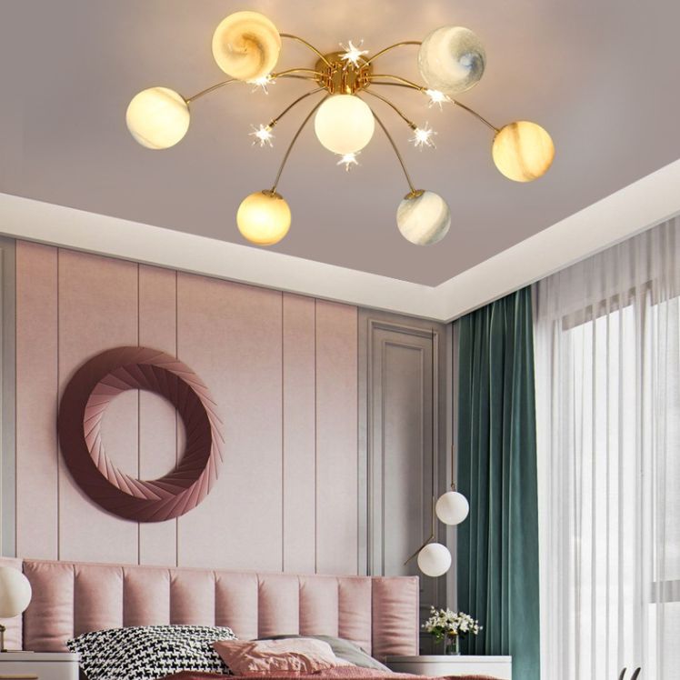 Plafonnier radial artistique moderne en fer forgé avec abat-jour en verre coloré