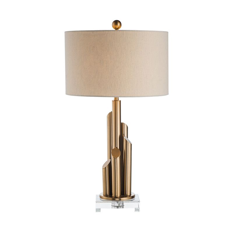 Metal Cylinder Night Light Post-Modern 1-Bulb White Fabric Nightstand Lighting for Living Room