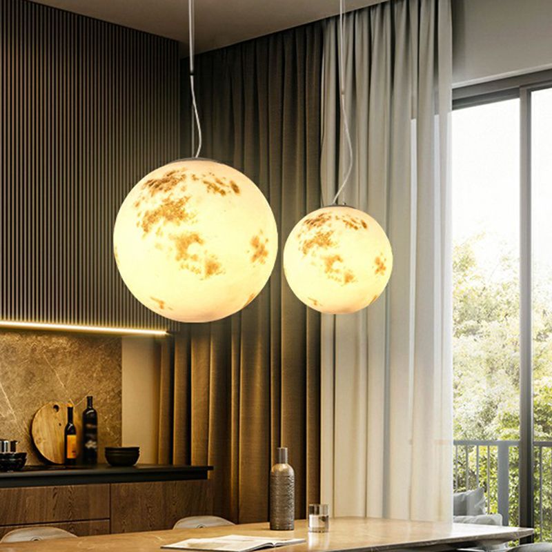 White Moon Suspension Lighting Nordic Single-Bulb Resin Pendant Light for Restaurant