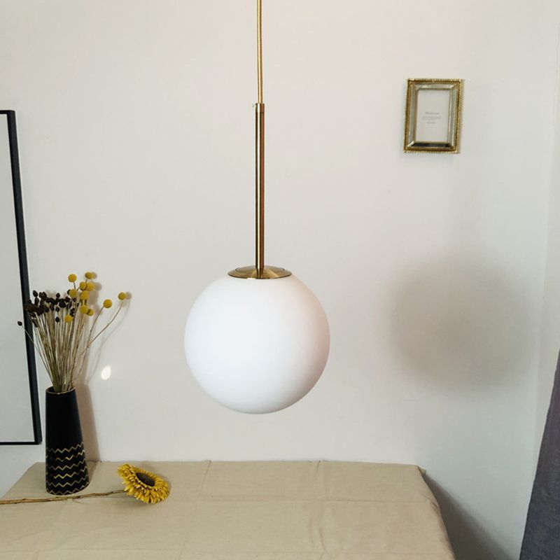 Simple Ball Shaped Drop Pendant White Glass 1 Light 6"/8"/10" Dia Bedroom Pendulum Light in Brass