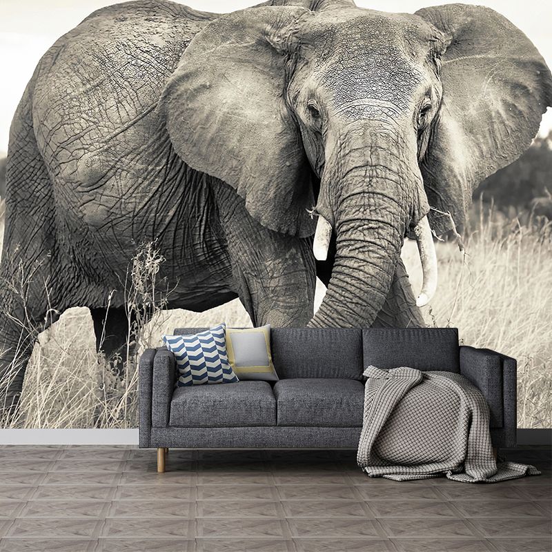 Whole Photo Style Minimalist Mural Wallpaper for Guest Room Decoration with Elephant Design in Grey