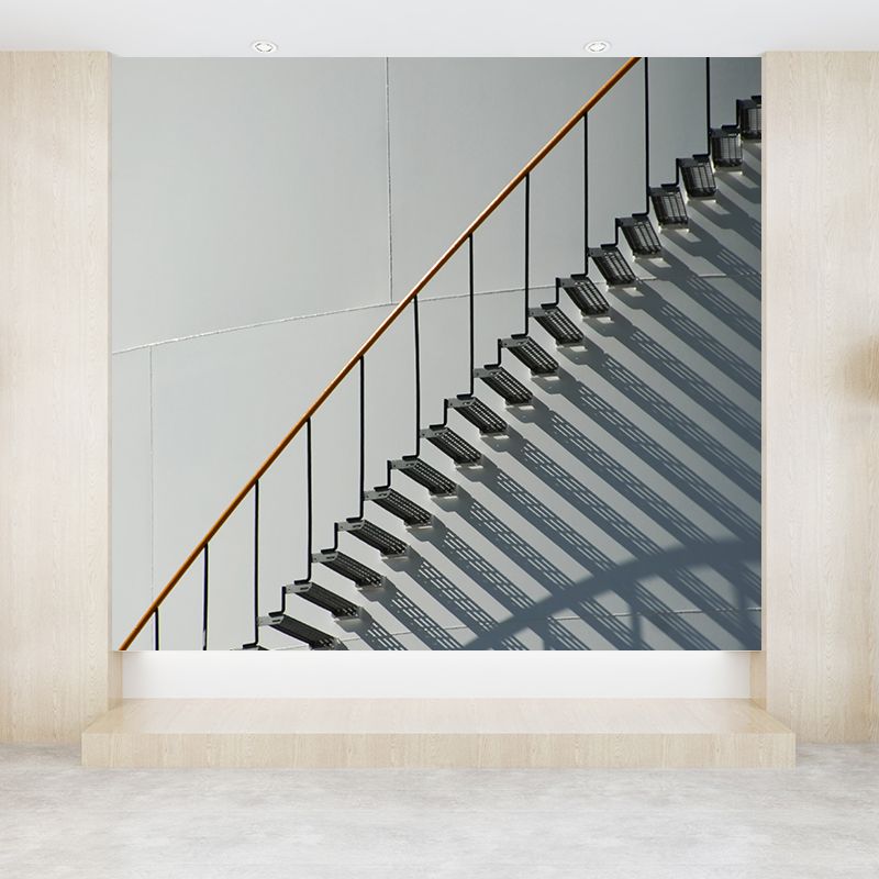Grey Partial Stairs Mural Wallpaper Moisture Resistant Wall Decor for Sitting Room