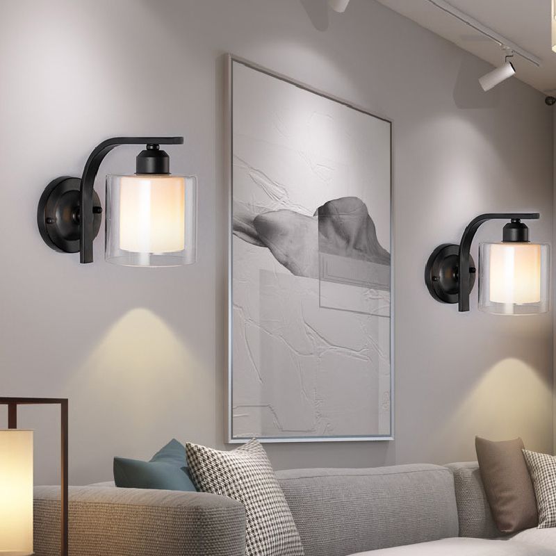 Modern Style Cylinder Shape Wall Light Glass 1 Light Sconces in Black for Bedroom