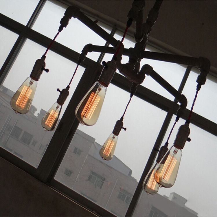 Lámpara de lámpara de lámpara de tubería de plata/bronce envejecida con bombilla expuesta de hierro rústico de 6/8 cabezas de colgación de interior