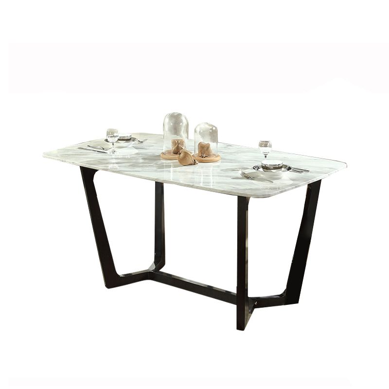 Modern Rectangular Stone Top White Dining Table with Ash Black Trestle Base