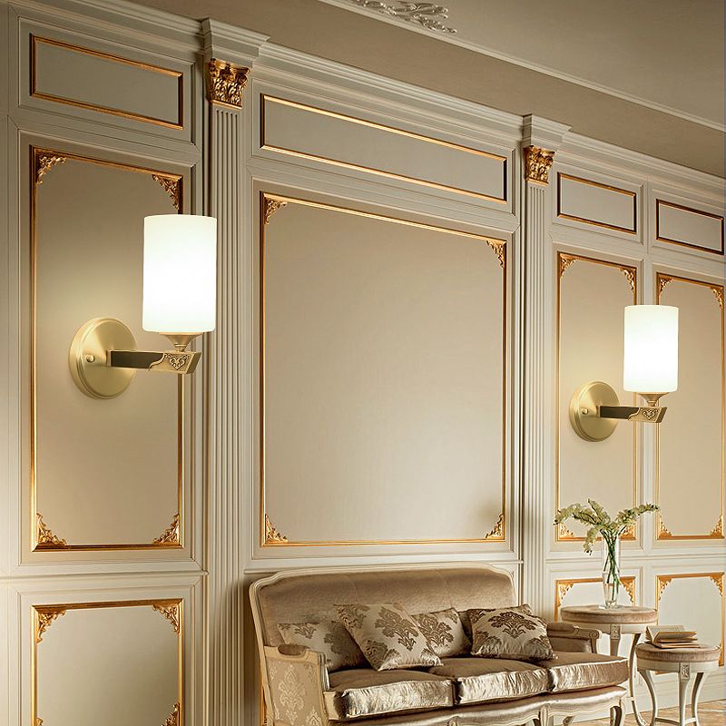 Single-Bulb Glass Wall Light Minimalist Gold Finish Cylindrical Foyer Wall Sconce Lamp