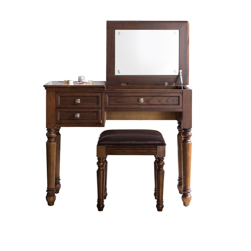 30.7" Height 2-Drawer Brown Solid Wood Dressing Table Mirror Makeup Vanity