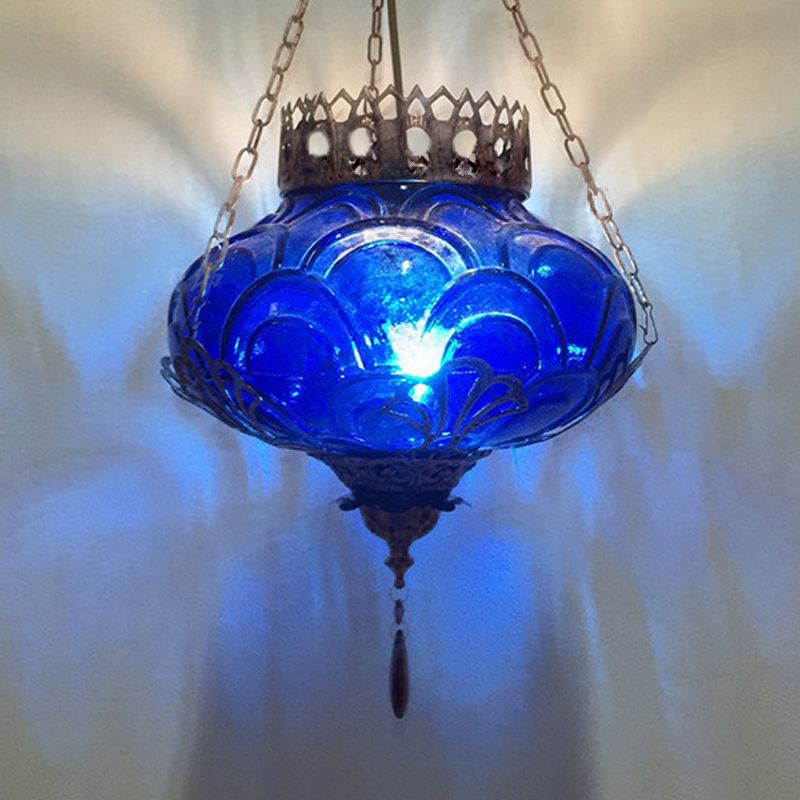 1 Light Textured Glass Hanging Pendant Light Vintage Red/Yellow/Blue Oval Shaped Dining Room Drop Lamp