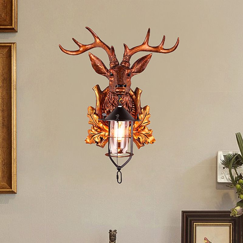1 Light Wall Sconce Lighting Traditional Deer Head Resin Wall Lamp Fixture in Brown with Cage