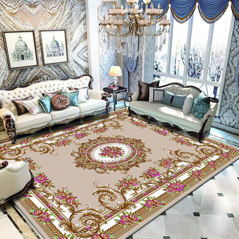 Dark Red Extravagant Rug Polyester Graphic Area Rug Non-Slip Backing Rug for Drawing Room