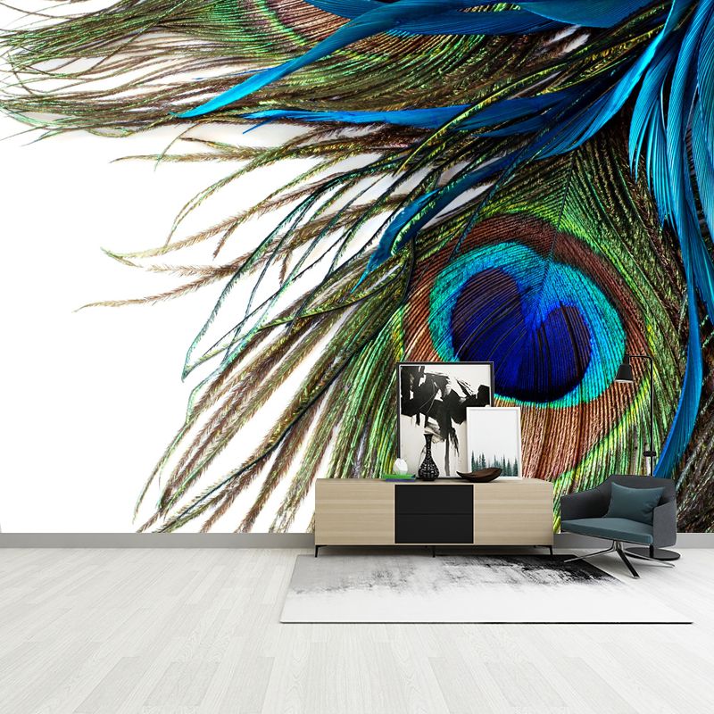 Customized Size Photography Fresh Mural Wallpaper for Accent Wall with Peacock Feather in Blue and Green