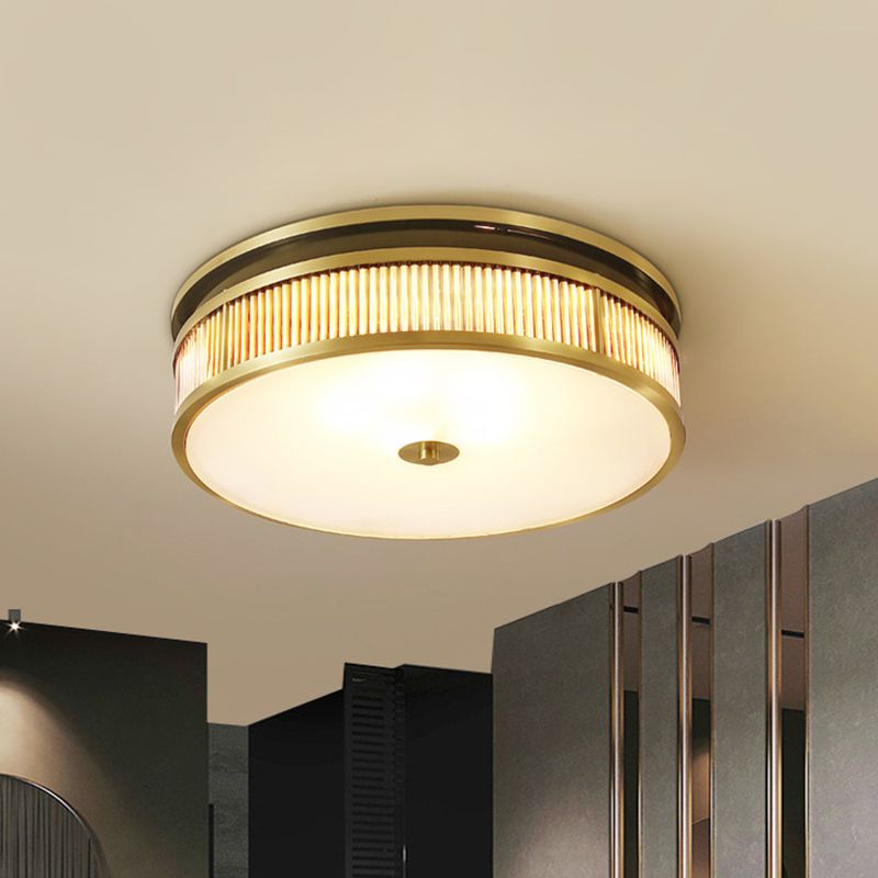 4 Lights Great Room Flush Lamp Minimalist Brass Ceiling Mounted Fixture with Drum Opal Glass Shade