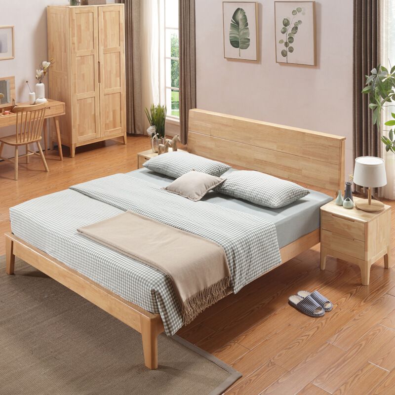 Scandinavian Rubberwood Queen & King Panel Bed Low Bed Frame with Headboard