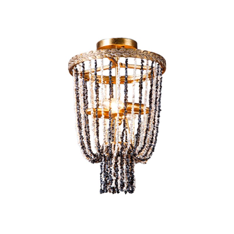 Basket Dining Room Flush Lighting Antiqued Metal 2 Lights Brass Flushmount with Stone Chain