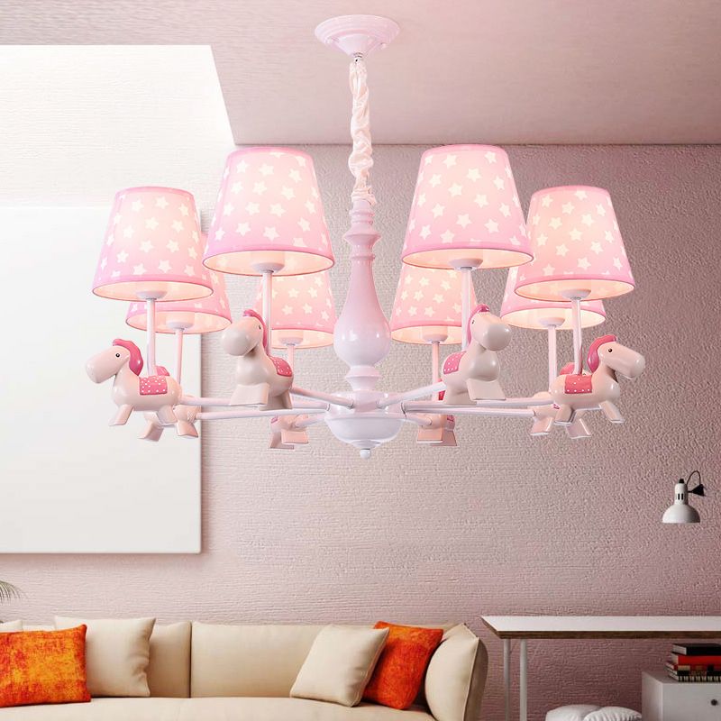 Pink Tapered Shade Chandelier Kid Fabric Down Lighting Pendant with Horse Figurine