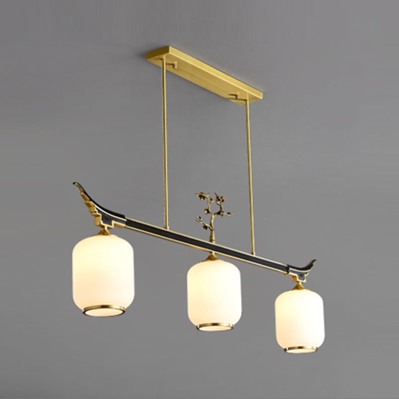 Modern Style Cylindrical Shape Island Lights White Glass 3-light Pendant Lights in Gold