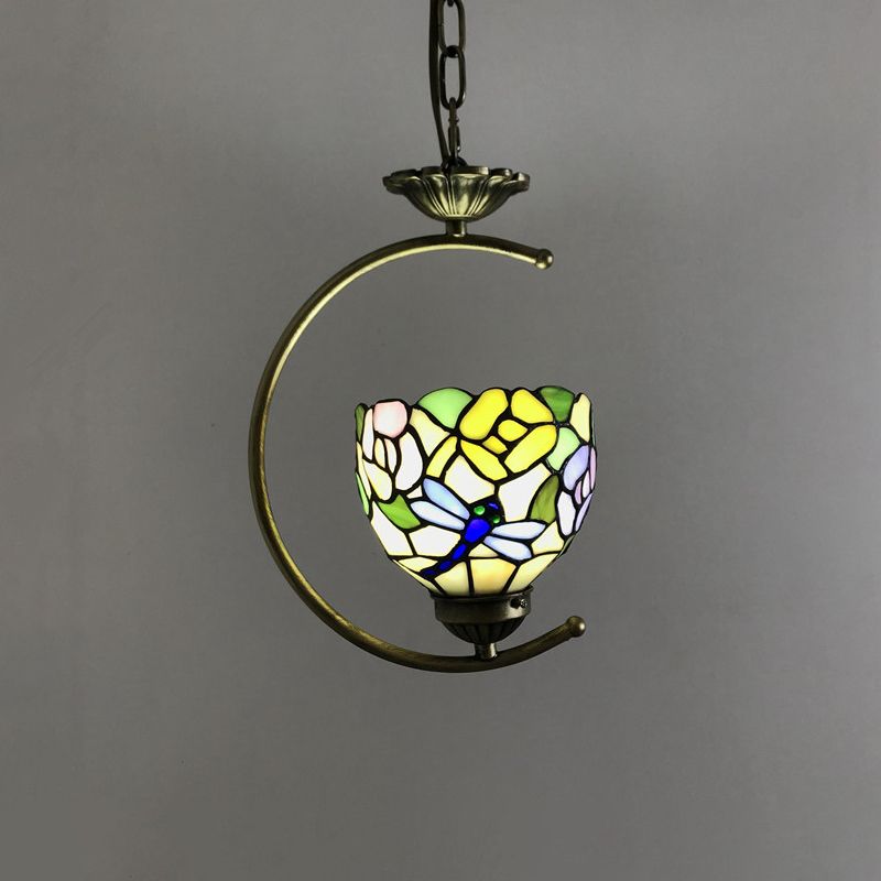Bronze 1-Head Pendant Light Kit Baroque Metal C-Frame Hanging Lighting with Geometry Cut Glass Shade