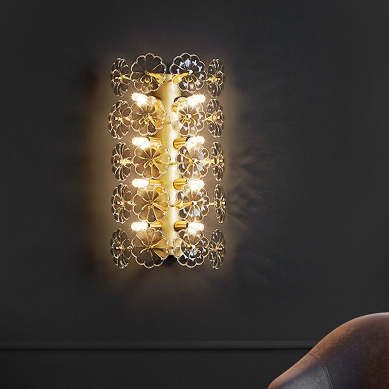 Minimalist 3 Bulbs Sconce Light Gold Floral Wall Mount Lighting with Crystal Shade for Bedroom
