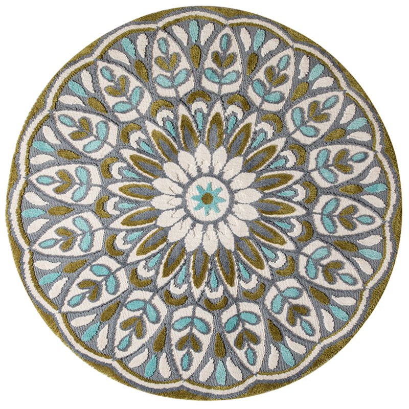 Green-Blue Bedroom Rug Moroccan Floral Printed Indoor Rug Super Fiber Non-Slip Pet Friendly Area Carpet