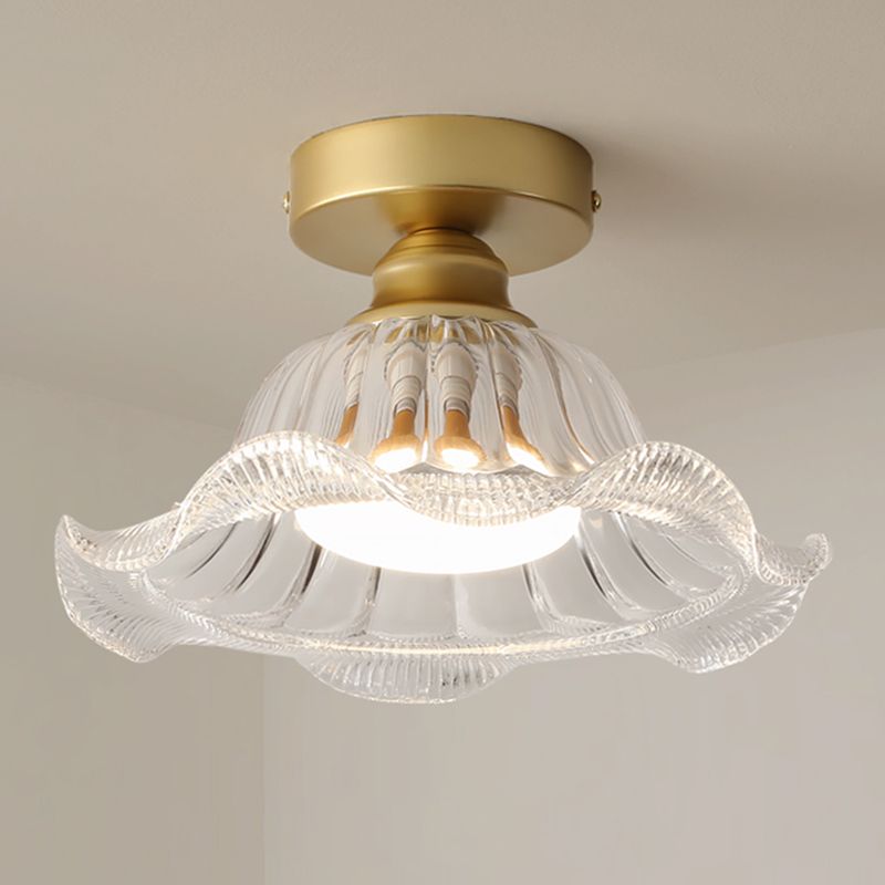 Glass Flower Ceiling Mounted Fixture Simplicity Gold Semi Flush Light